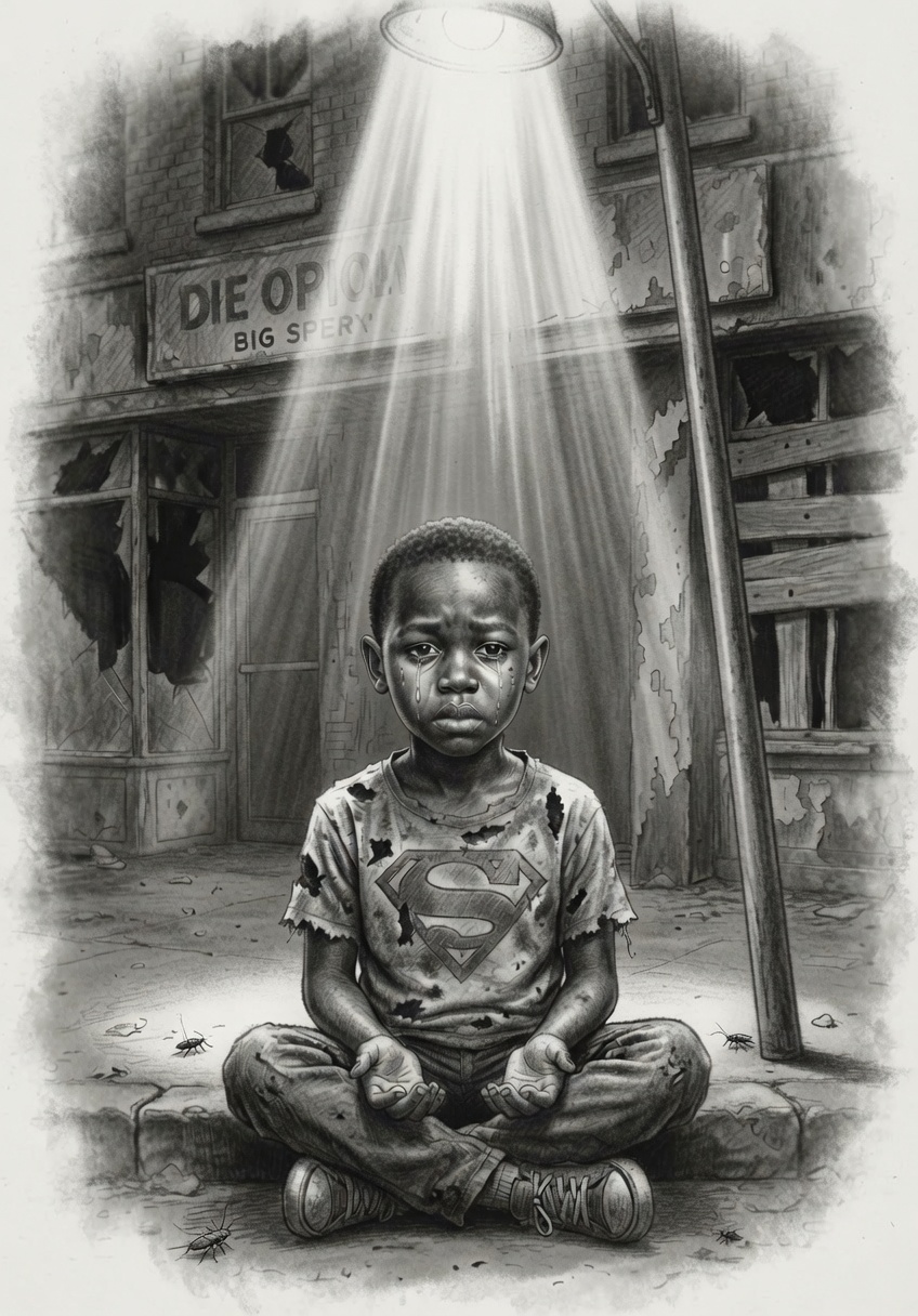 Under the Light — a young boy's tear-streaked face illuminated by a solitary streetlight, wearing a torn Superman shirt, grayscale pencil sketch by Nikki Boyle